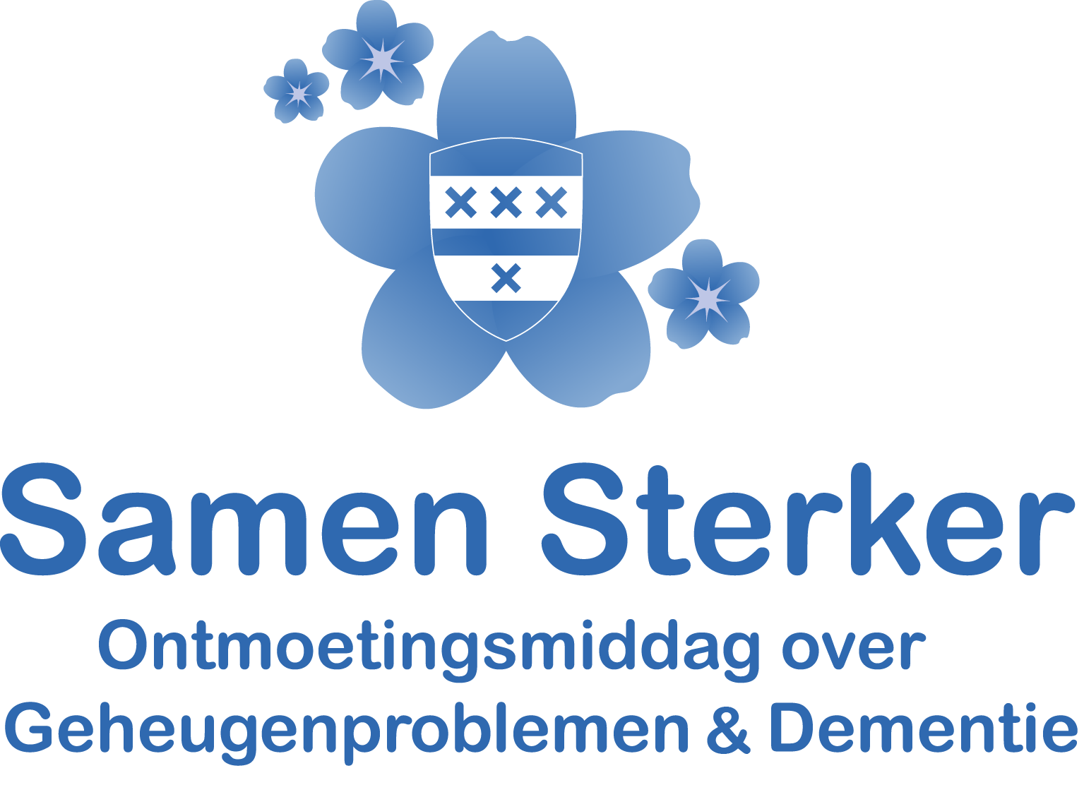 Logo van ontmoetingsmiddag met afbeelding van vergeet-me-nietjes en schild van de gemeente Amstelveen.